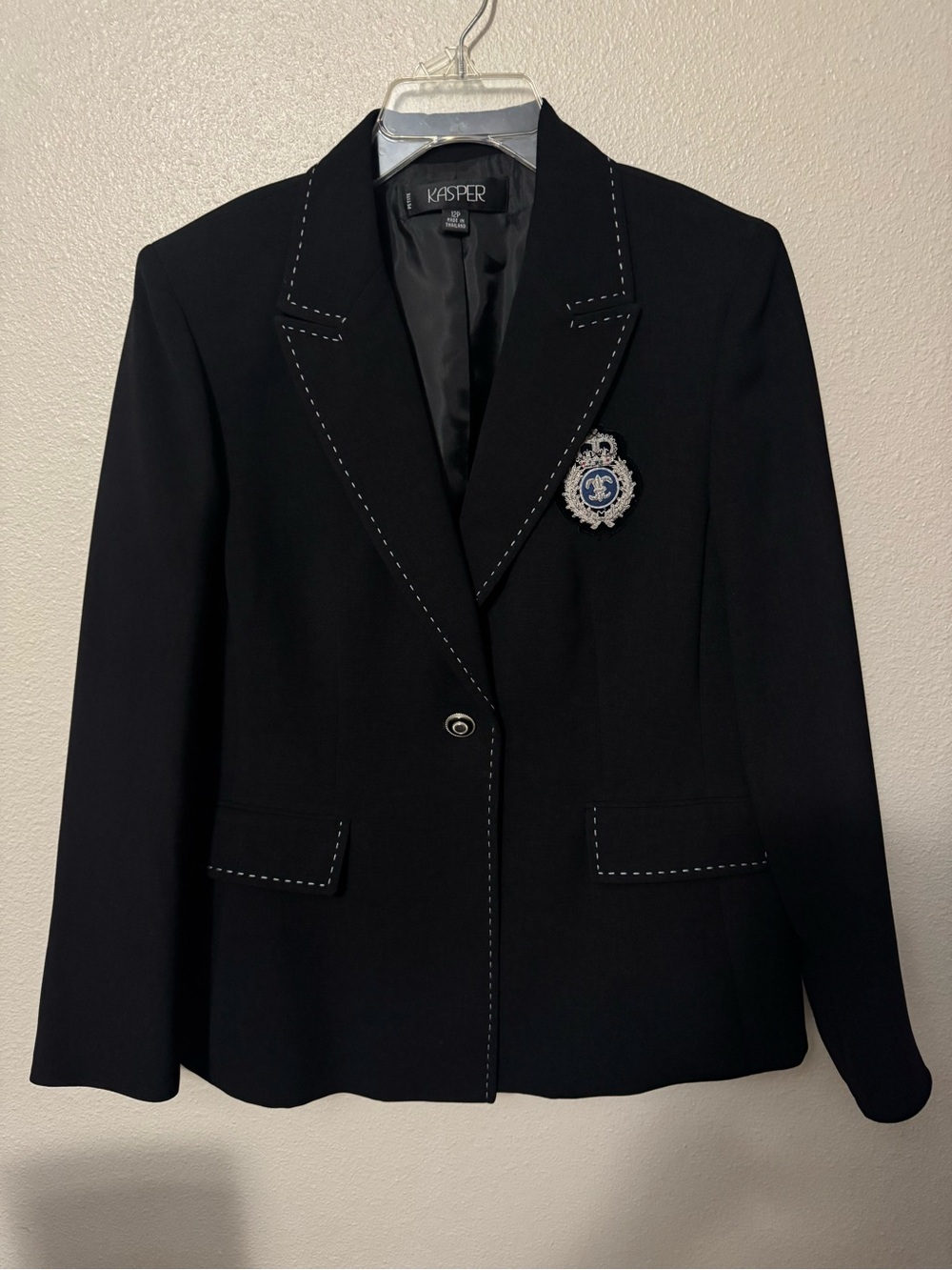 Kasper Black Blazer with Crest and Contrast Stitching